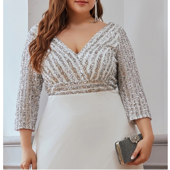 Plus sequin 3/4 sleeve Formal Prom Evening Party Wedding Dress - Picture 7 of 9